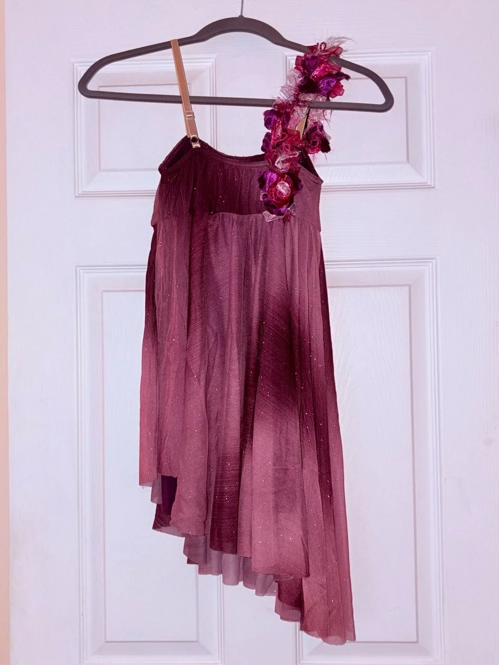 Weissman Plum Ombre Glitter Mesh Lyrical Dance Dress Floral Shoulder Strap XLC